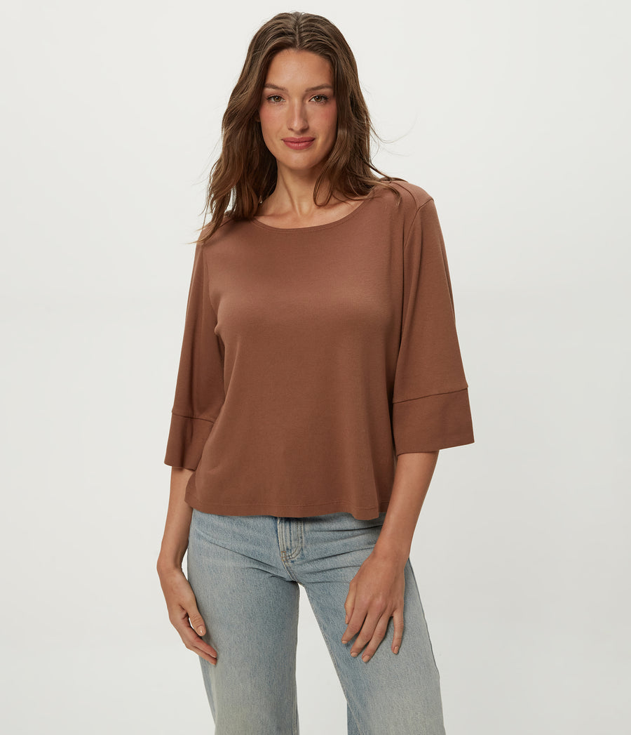 Rosalynn Boat Neck Tee in BARK BROWN Close up View #BARK