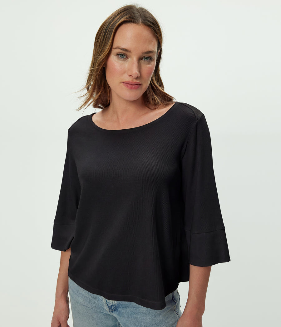 Rosalynn Boat Neck Tee in Black Close up View #BLACK