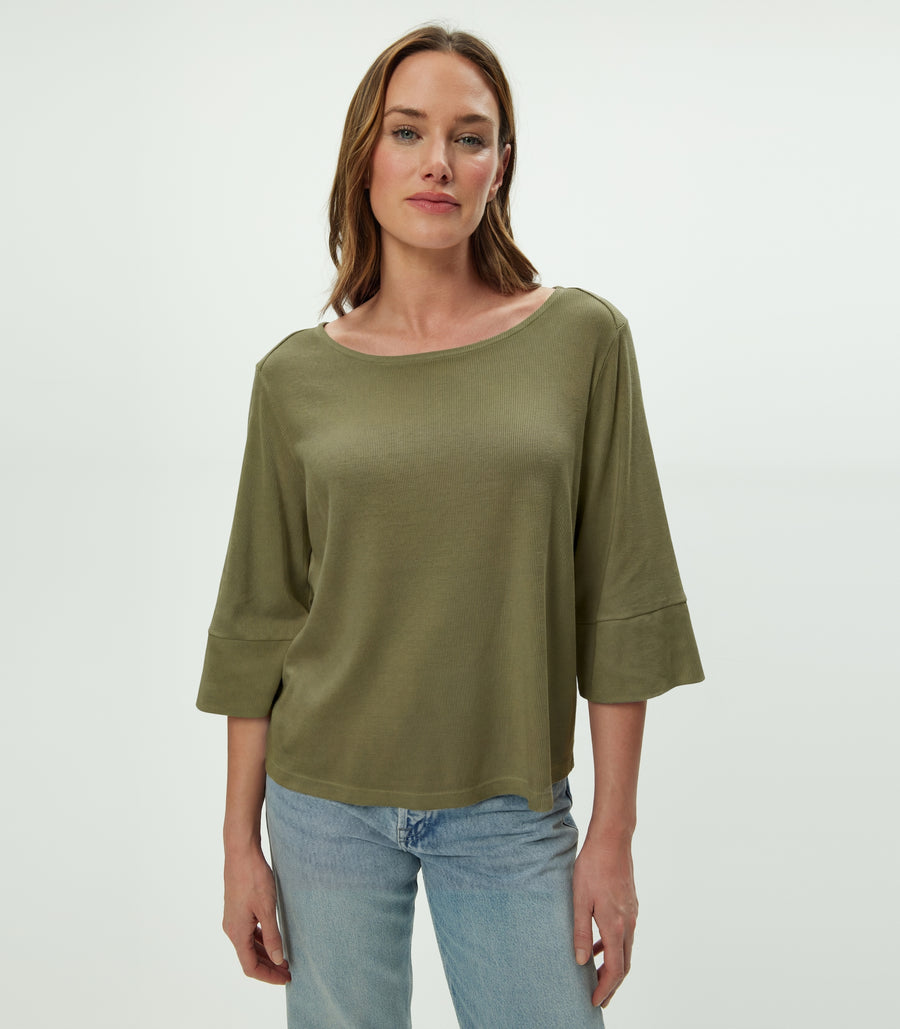 Rosalynn Boat Neck Tee in CAPER Green Close up View #CAPER