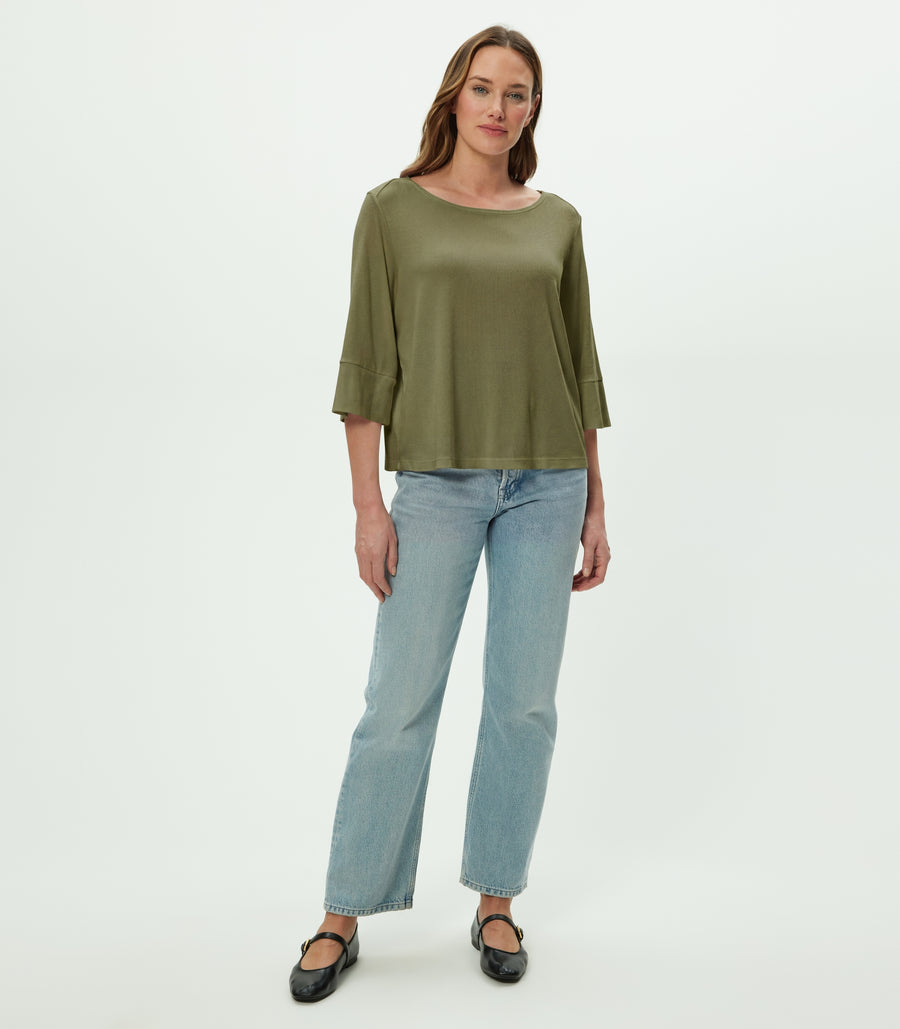 Rosalynn Boat Neck Tee in CAPER Green Full Body View #CAPER