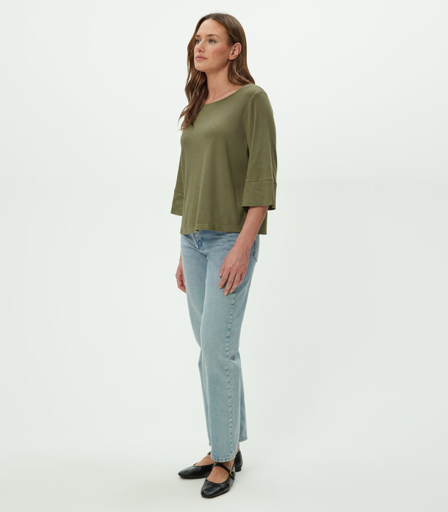 Rosalynn Boat Neck Tee in CAPER  Green Side View #CAPER
