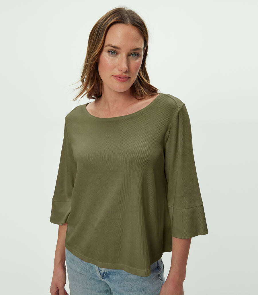 Rosalynn Boat Neck Tee in CAPER Green Close up View #CAPER