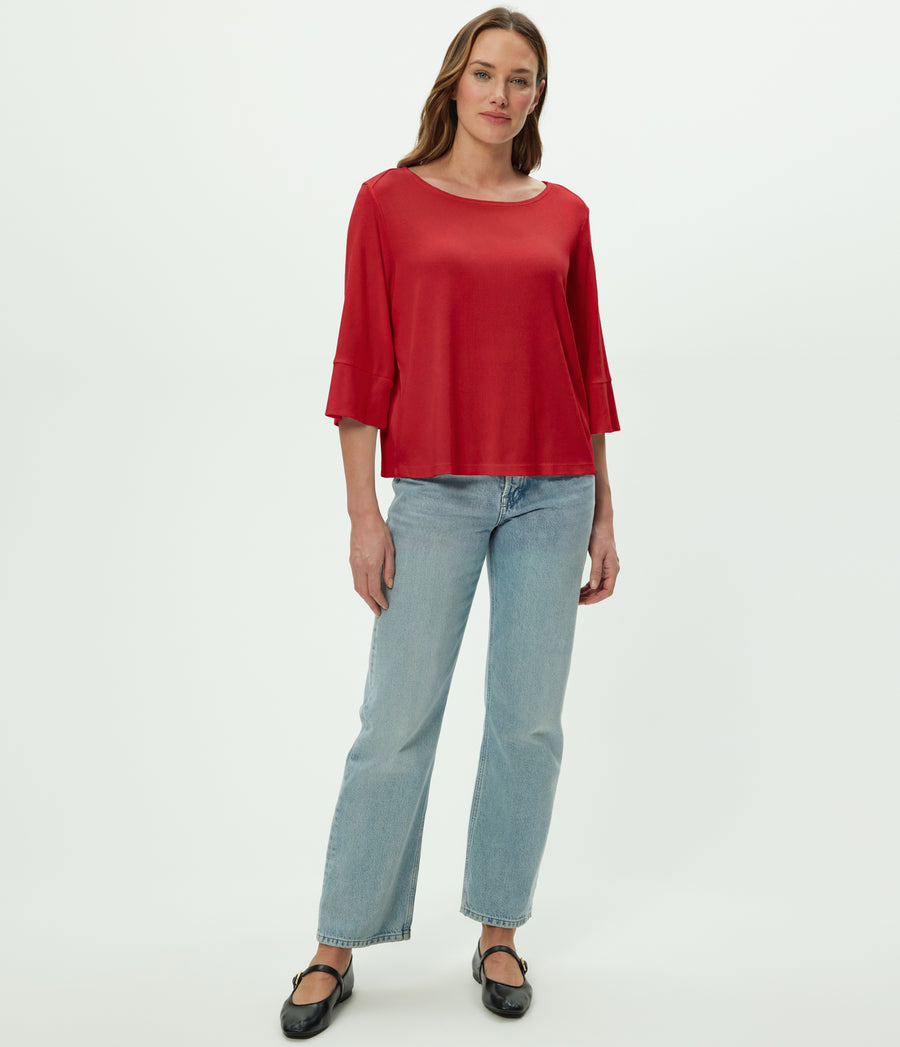Rosalynn Boat Neck Tee in LACQUER RED Full Body View #LACQUER
