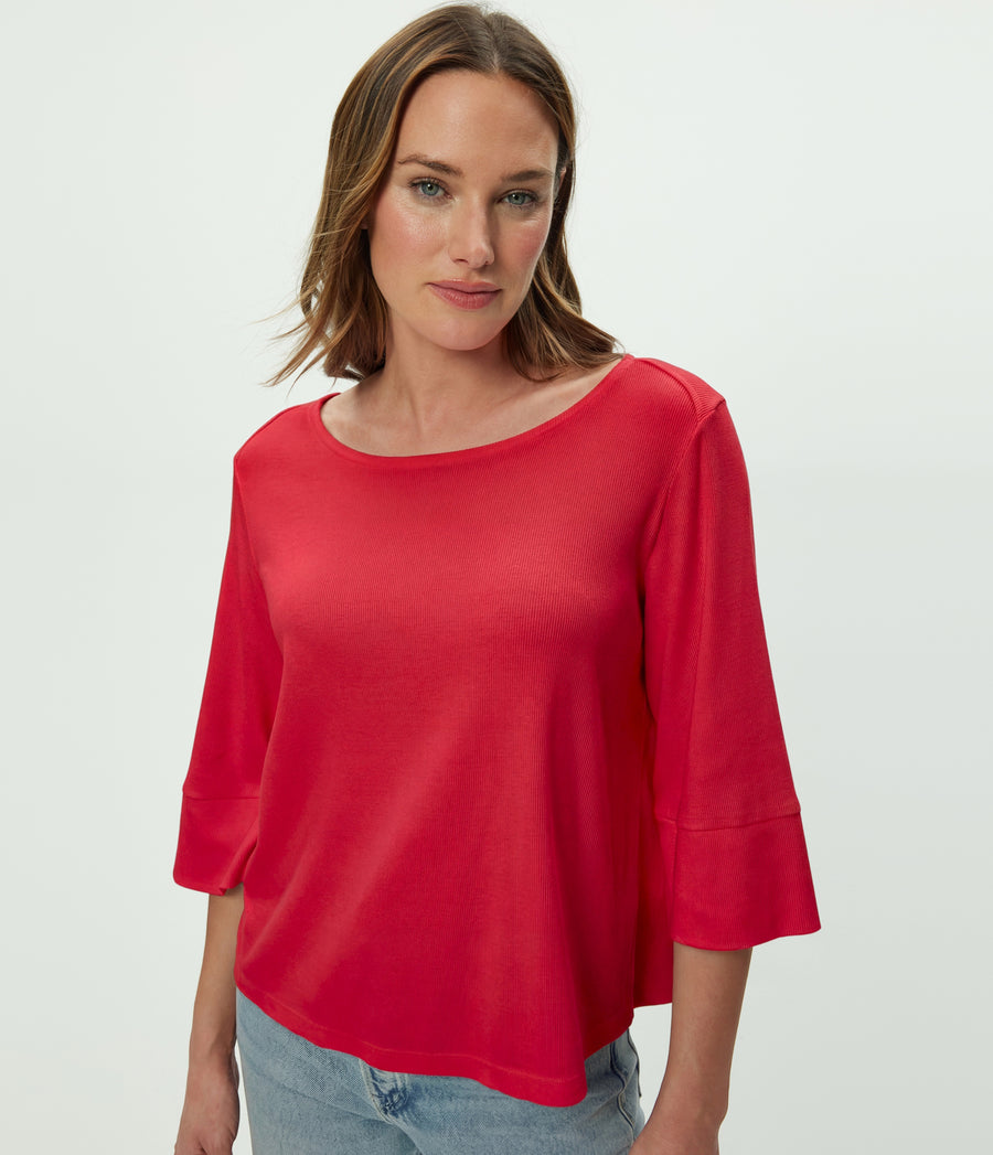 Rosalynn Boat Neck Tee in LACQUER RED Close up View #LACQUER