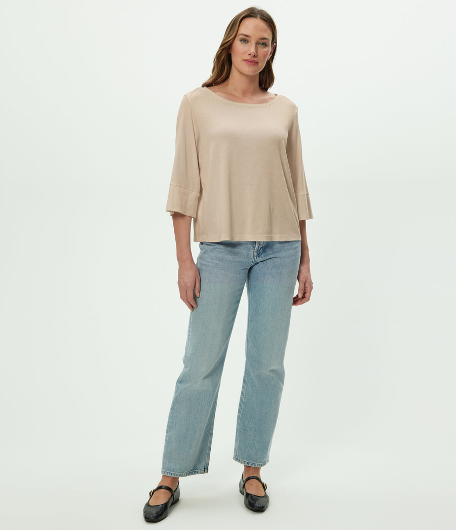 Rosalynn Boat Neck Tee in  MACADAMIA Beige Full Body View #MACADAMIA