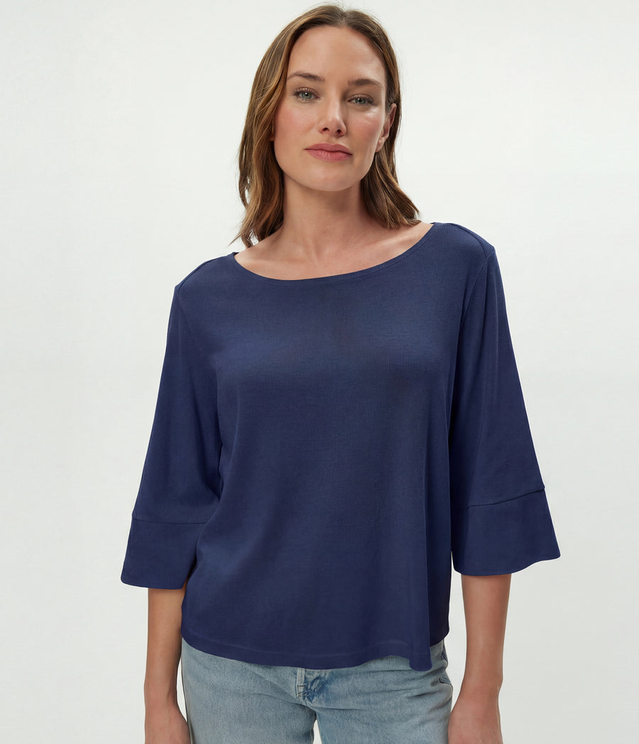 Rosalynn Boat Neck Tee in Nocturnal Blue Close up View  #NOCTURNAL