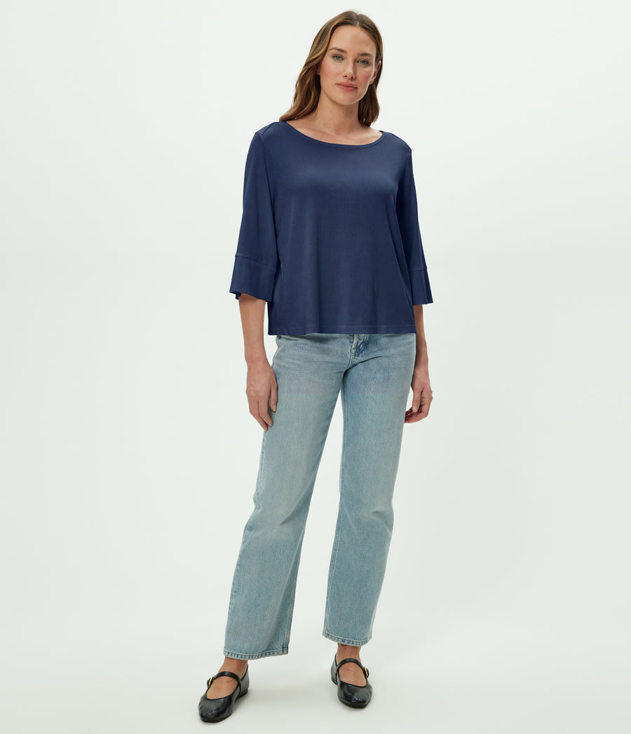 Rosalynn Boat Neck Tee in Nocturnal Blue Full Body View #NOCTURNAL