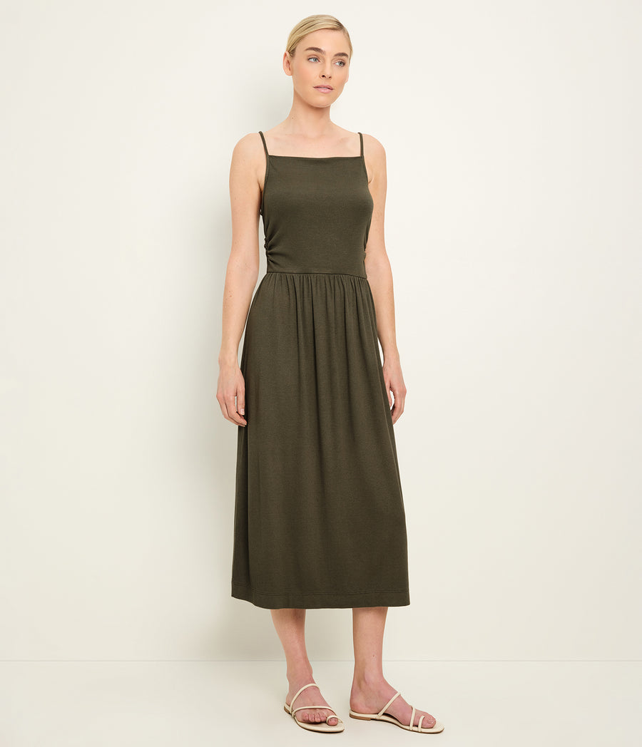 Matilda Midi Dress in CAPER  Green Side View #CAPER