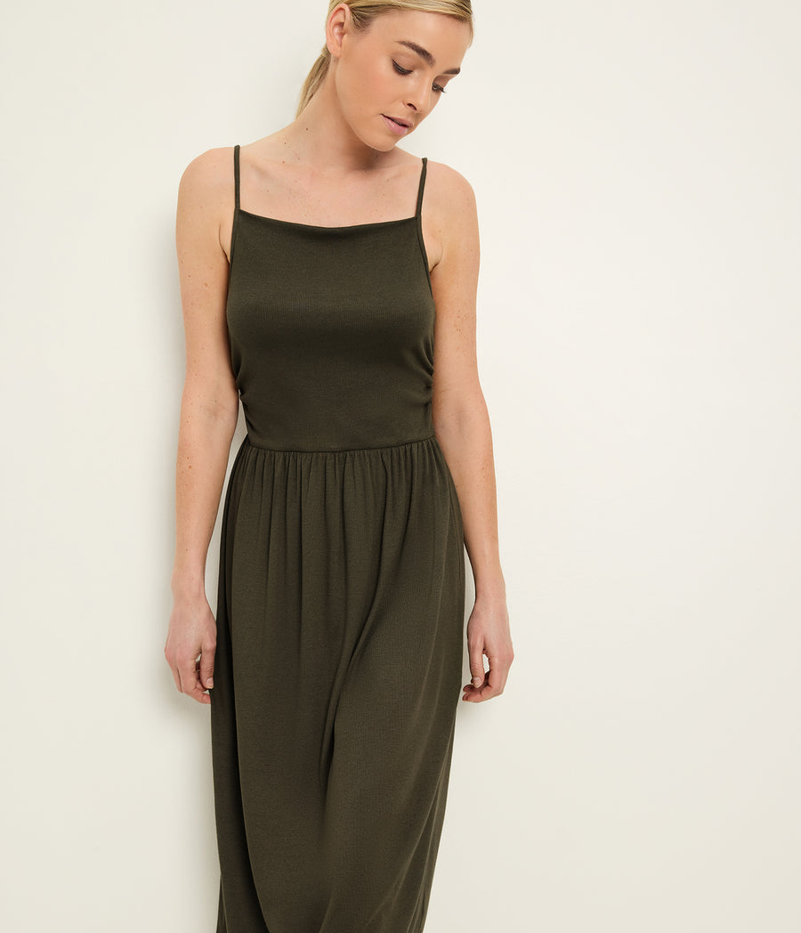 Matilda Midi Dress in CAPER Green Close up View #CAPER