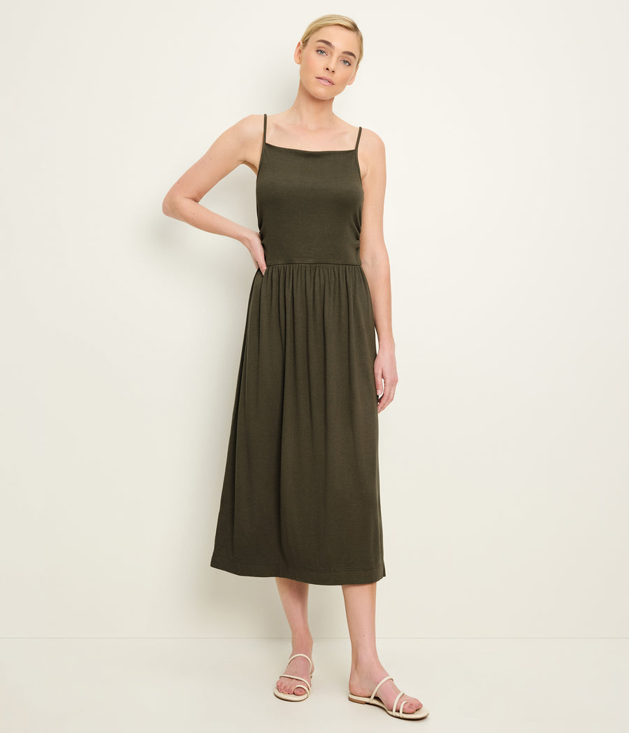 Matilda Midi Dress in CAPER Green Full Body View #CAPER