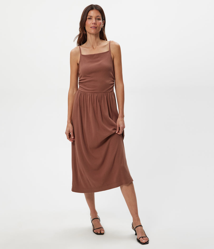 Matilda Midi Dress in BARK BROWN Full Body View #BARK