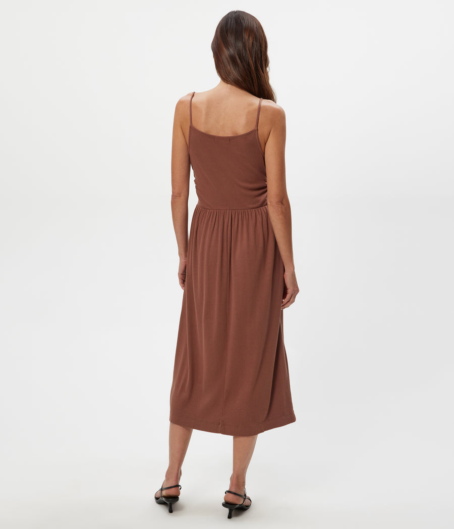 Matilda Midi Dress in Bark Browm Back View #BARK