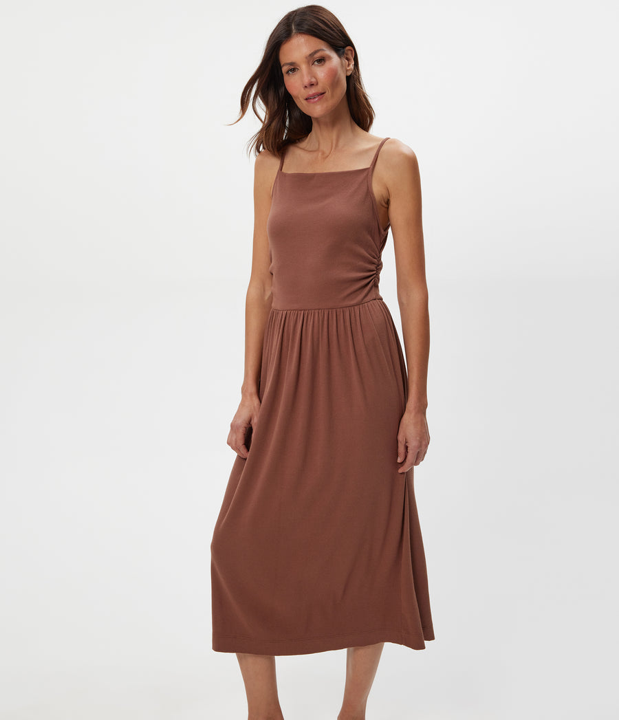 Matilda Midi Dress in BARK BROWN Close up View #BARK