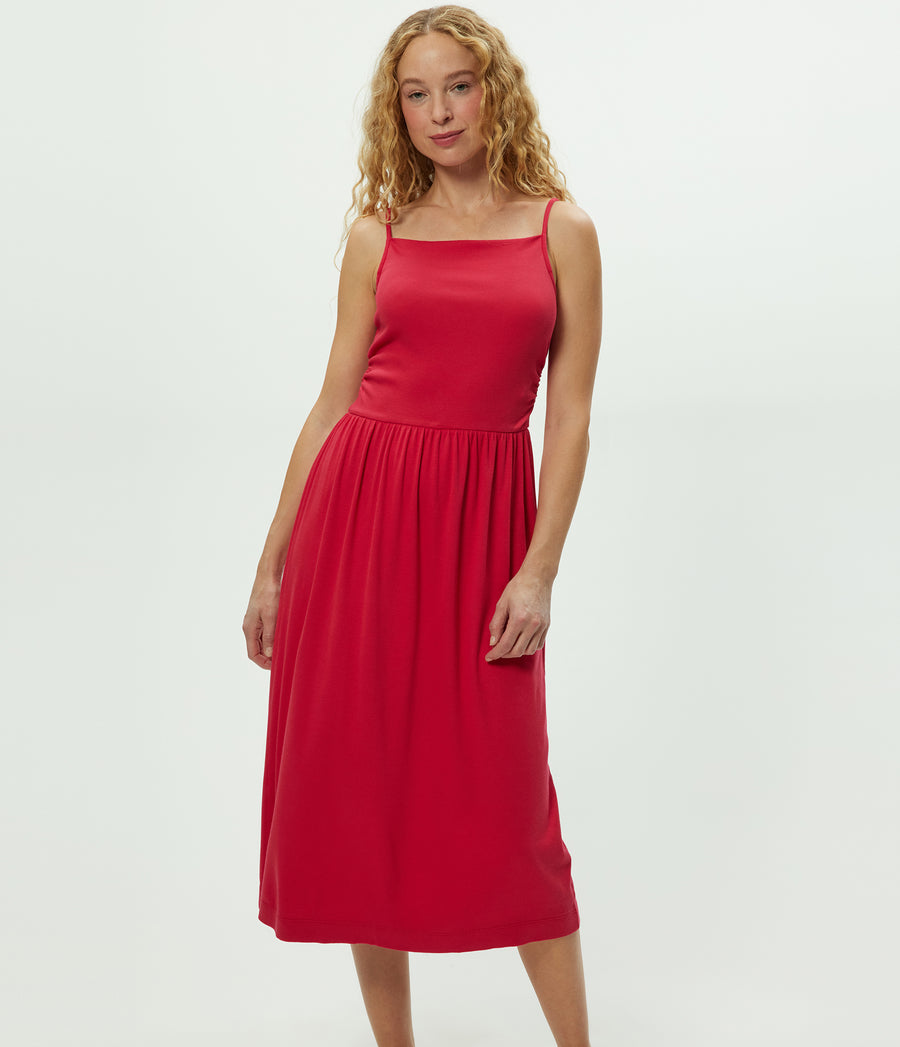 Matilda Midi Dress in LACQUER RED Close up View #LACQUER