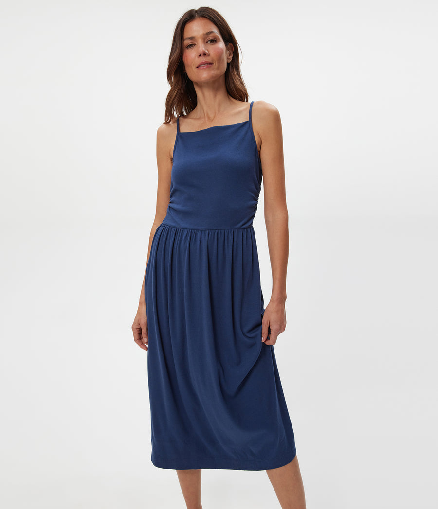 Matilda Midi Dress in Nocturnal Blue Close up View  #NOCTURNAL