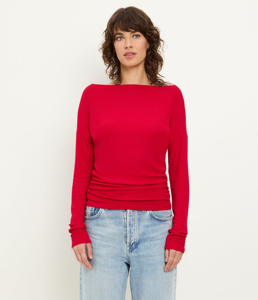 Journey Long Sleeve Tee in LACQUER RED Close up View #LACQUER