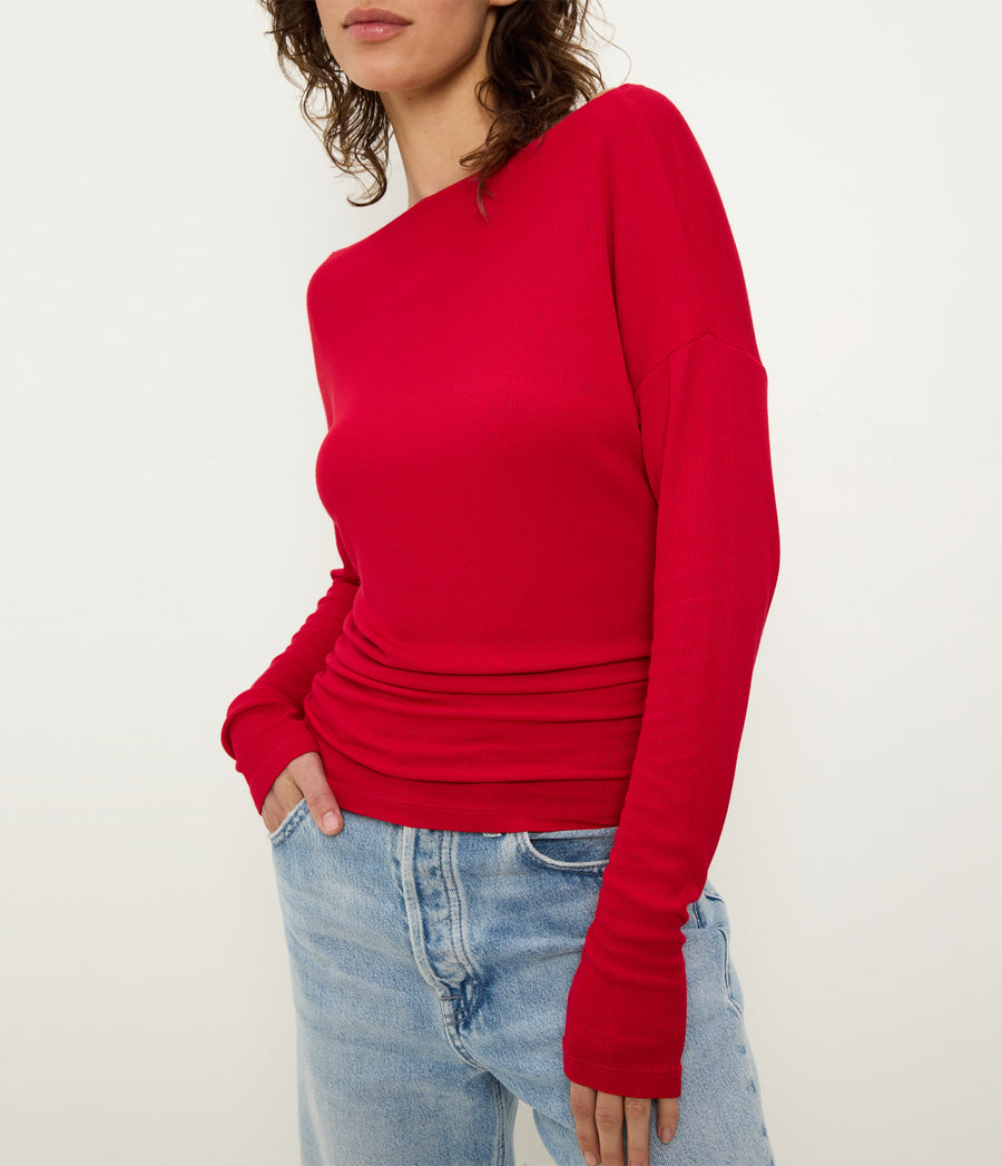 Journey Long Sleeve Tee in LACQUER RED Close up View #LACQUER
