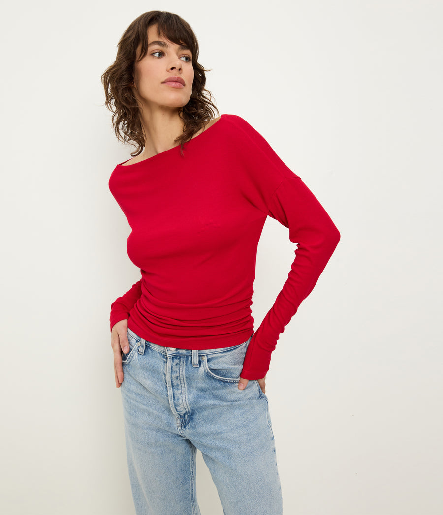 Journey Long Sleeve Tee in LACQUER RED Close up View #LACQUER