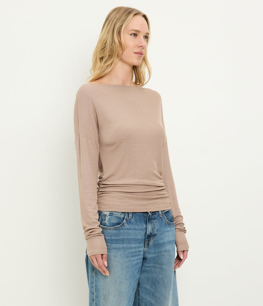 Journey Long Sleeve Tee in  MACADAMIA Beige Side View #MACADAMIA