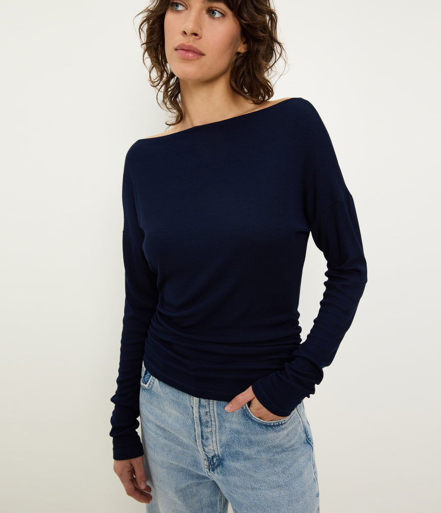 Journey Long Sleeve Tee in Nocturnal Blue Close up View  #NOCTURNAL