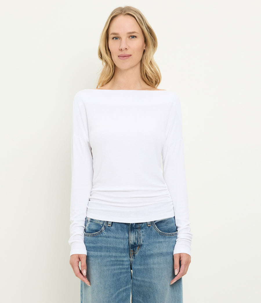 Journey Long Sleeve Tee in White Close up View #WHITE