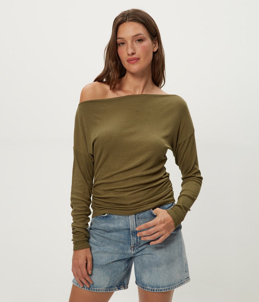 Journey Long Sleeve Tee in CAPER Green Close up View #CAPER