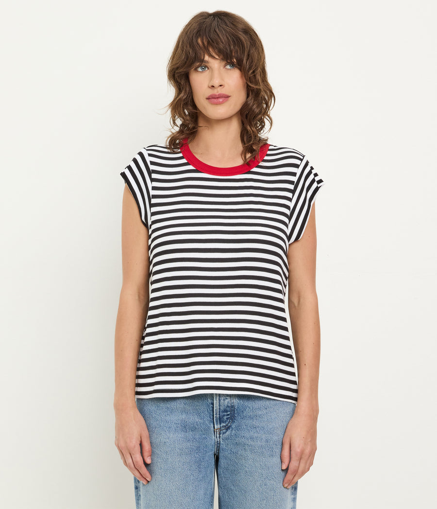 Tanya Striped Power Shoulder Tee in Black Striped White Close up View #BLACK LACQUER STRIPE
