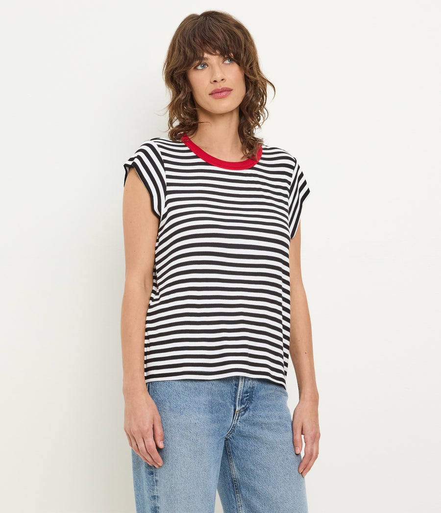Tanya Striped Power Shoulder Tee in Black Striped White Side View #BLACK LACQUER STRIPE