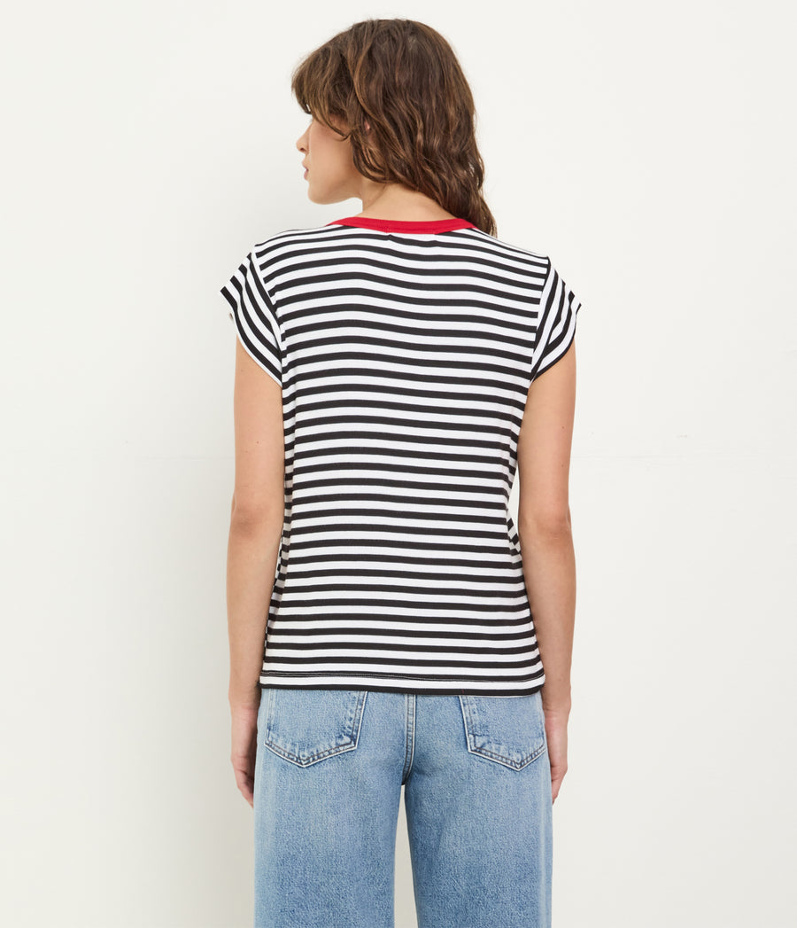 Tanya Striped Power Shoulder Tee in Black Striped White Back View #BLACK LACQUER STRIPE
