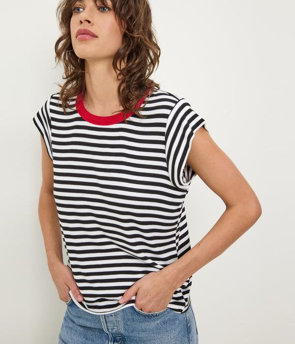 Tanya Striped Power Shoulder Tee in Black Striped White Close up View #BLACK LACQUER STRIPE