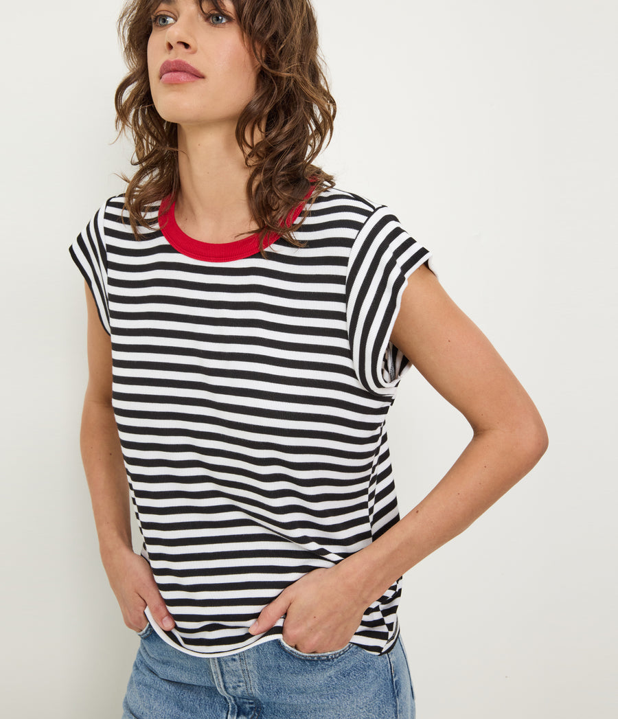 Tanya Striped Power Shoulder Tee in Black Striped White Close up View #BLACK LACQUER STRIPE