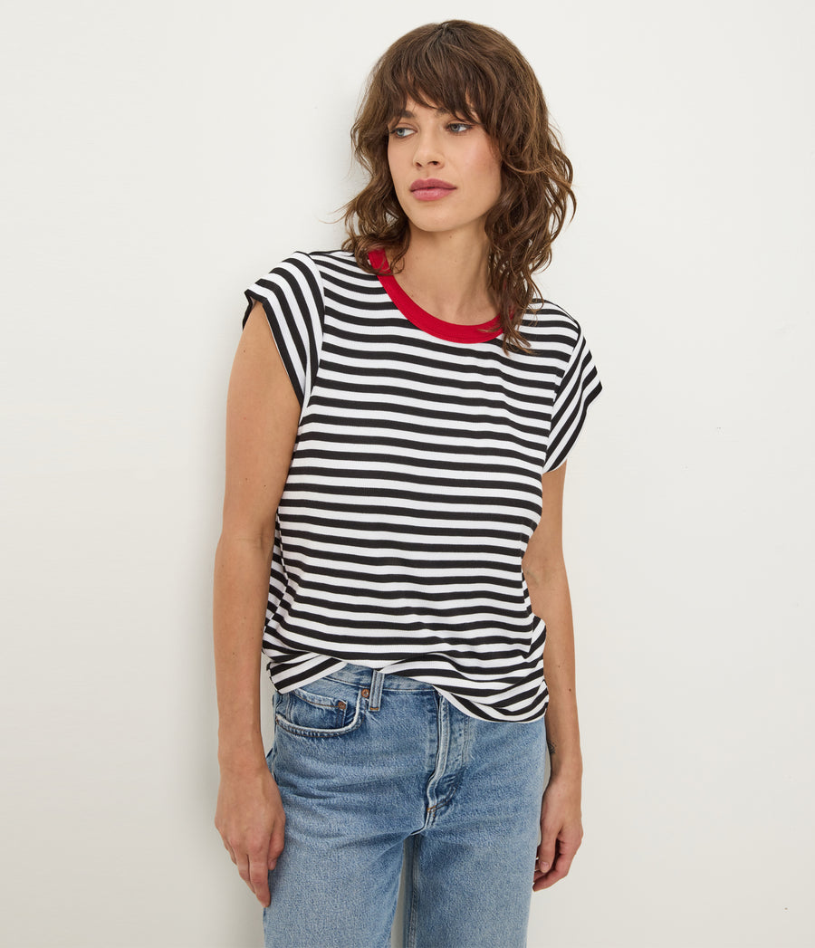 Tanya Striped Power Shoulder Tee in Black Striped White Full Body View #BLACK LACQUER STRIPE