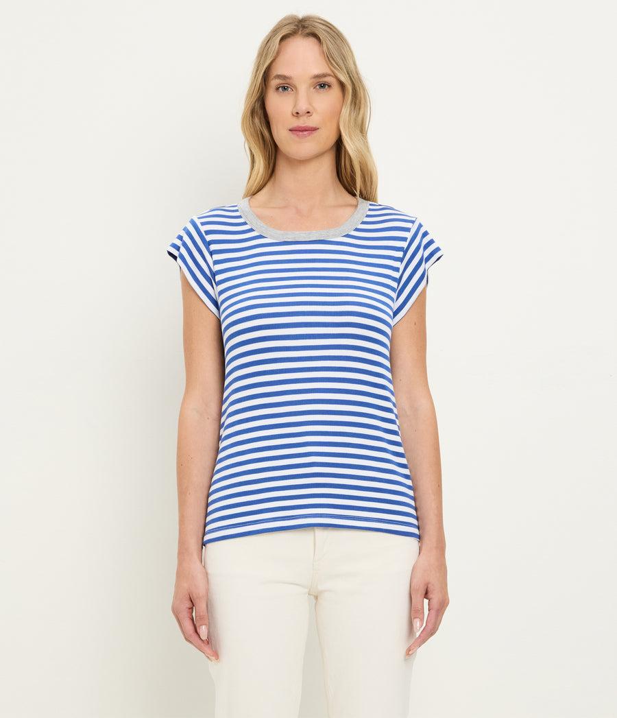 Tanya Striped Power Shoulder Tee in Blue Blue Ribbon  Striped White Full Body View #BLUE RIBBON GREY STRIPE
