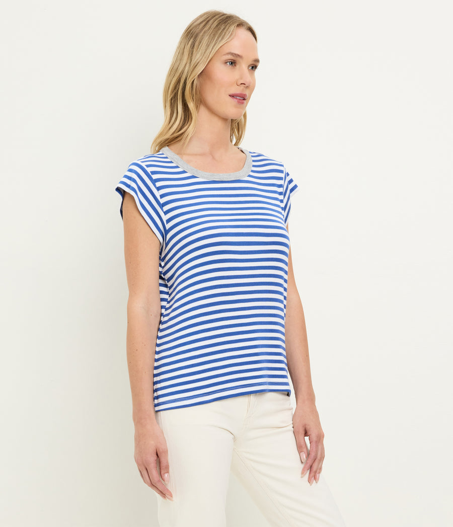Tanya Striped Power Shoulder Tee in Blue Blue Ribbon  Striped White Side View #BLUE RIBBON GREY STRIPE