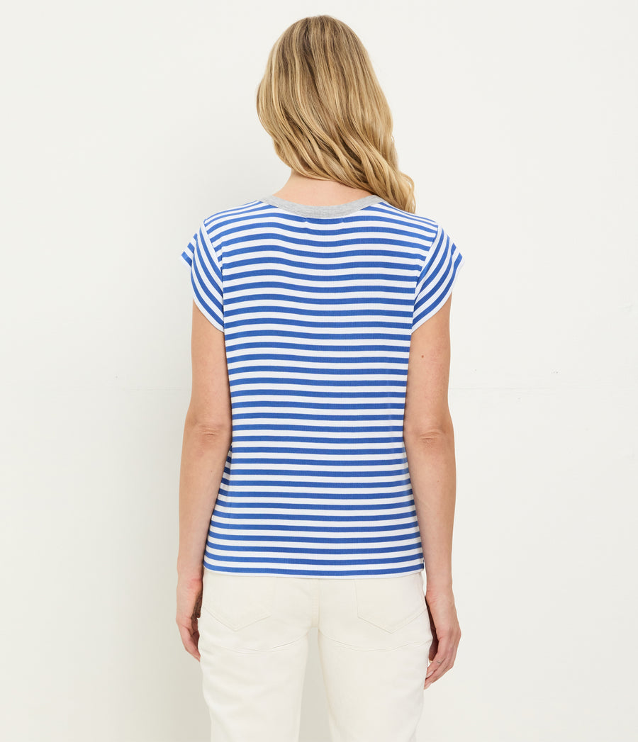 Tanya Striped Power Shoulder Tee in Blue Blue Ribbon Striped White Back View #BLUE RIBBON GREY STRIPE