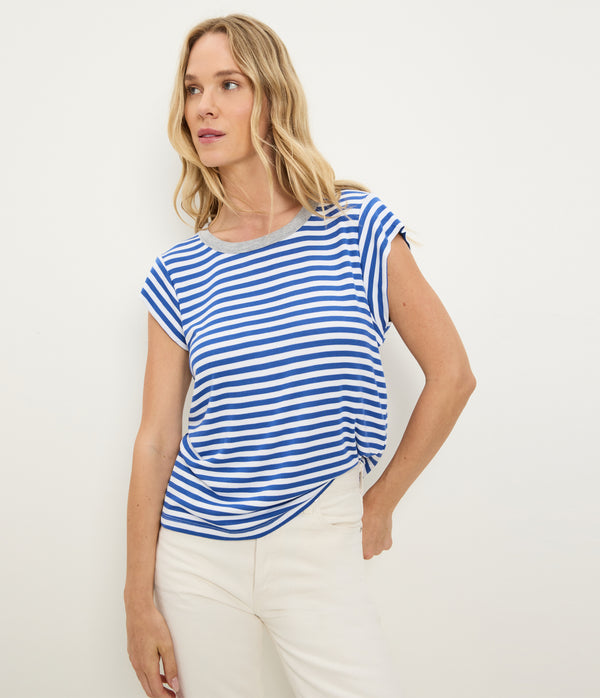 Tanya Striped Power Shoulder Tee in Blue Blue Ribbon  Striped White Full Body View #BLUE RIBBON GREY STRIPE