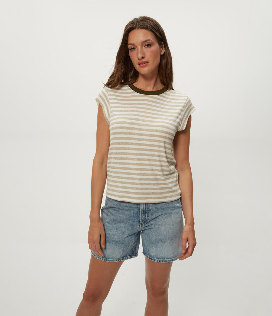 Tanya Striped Power Shoulder Tee in Oatmeal Beige Striped White Close up View #OATMEAL CAPER STRIPE
