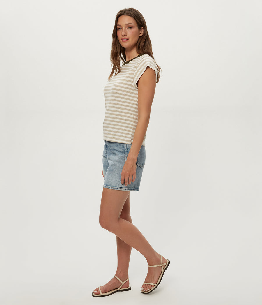 Tanya Striped Power Shoulder Tee in Oatmeal Beige Striped White Side View #OATMEAL CAPER STRIPE