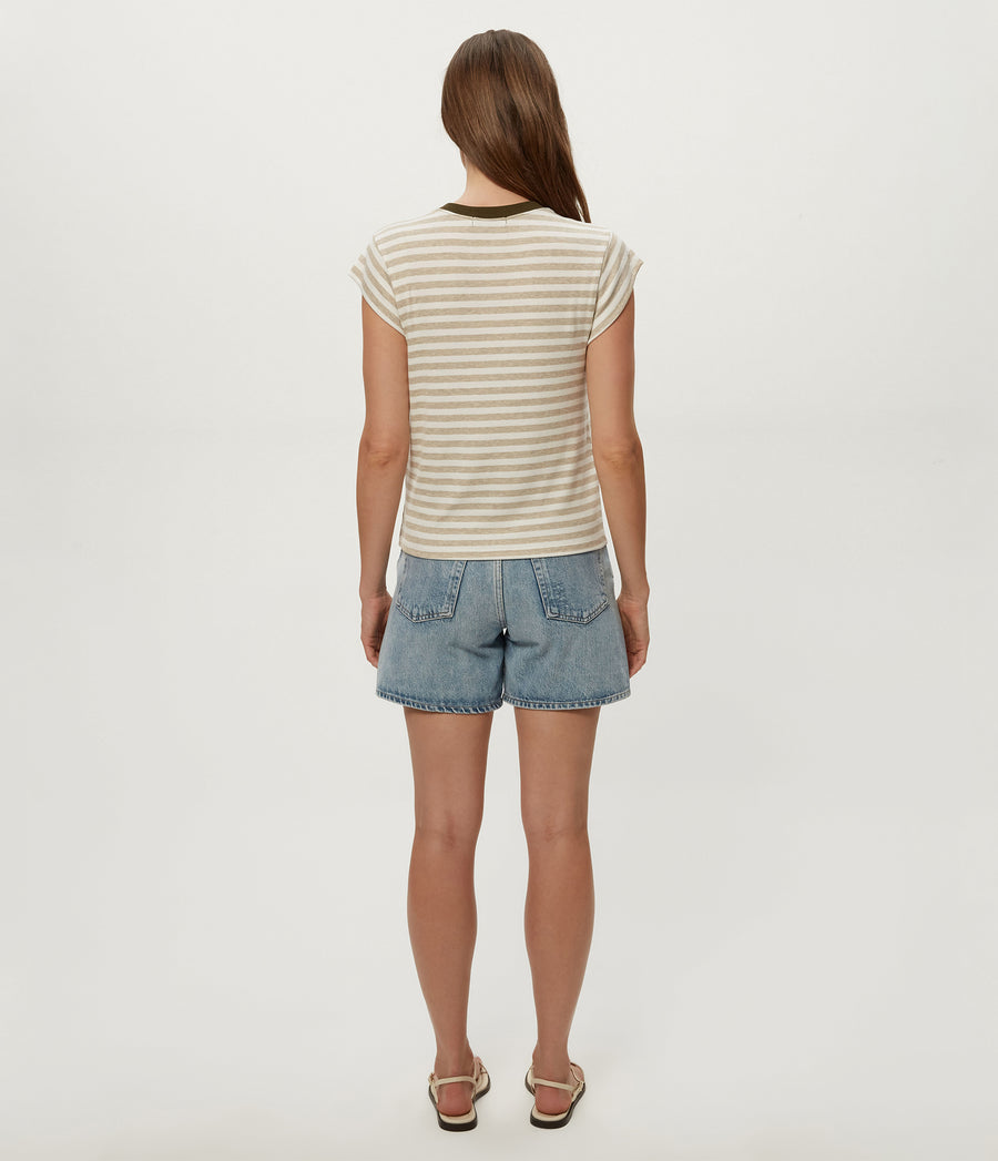 Tanya Striped Power Shoulder Tee in Oatmeal Beige Striped White Back View #OATMEAL CAPER STRIPE
