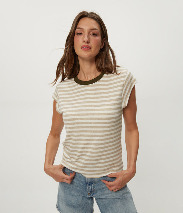 Tanya Striped Power Shoulder Tee in Oatmeal Beige Striped White Close up View #OATMEAL CAPER STRIPE