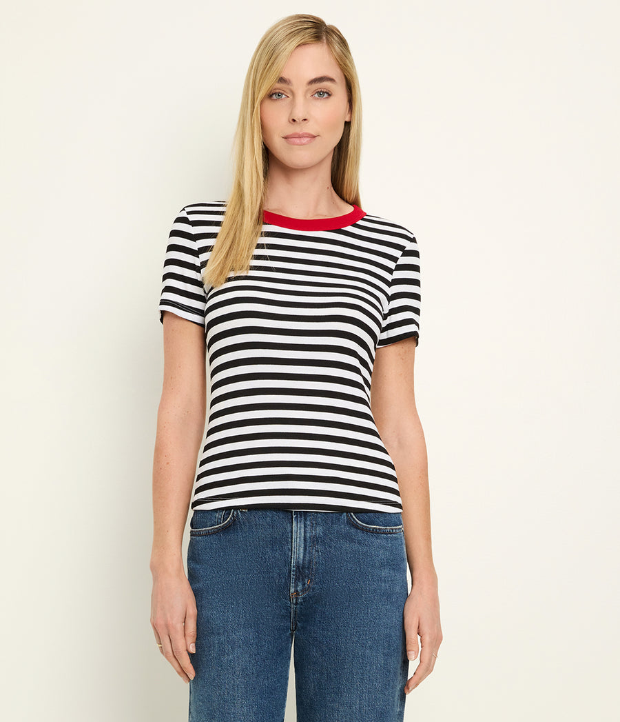 Jenny Striped Ribbed Ringer Tee in Black Striped White Full Body View #BLACK LACQUER STRIPE