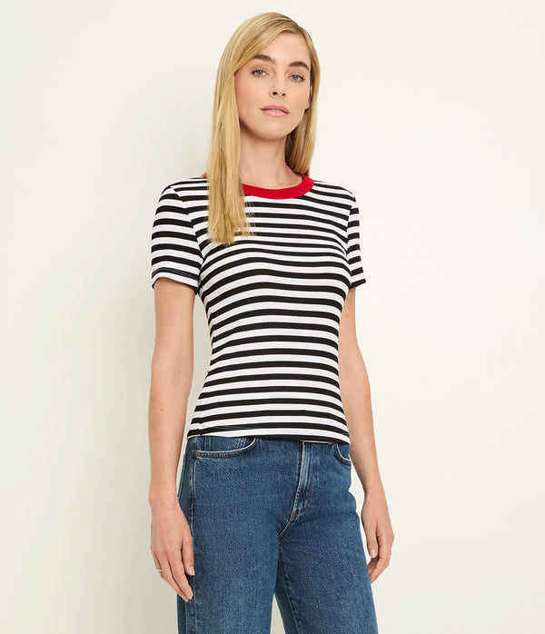 Jenny Striped Ribbed Ringer Tee in Black Striped White Full Body View #BLACK LACQUER STRIPE