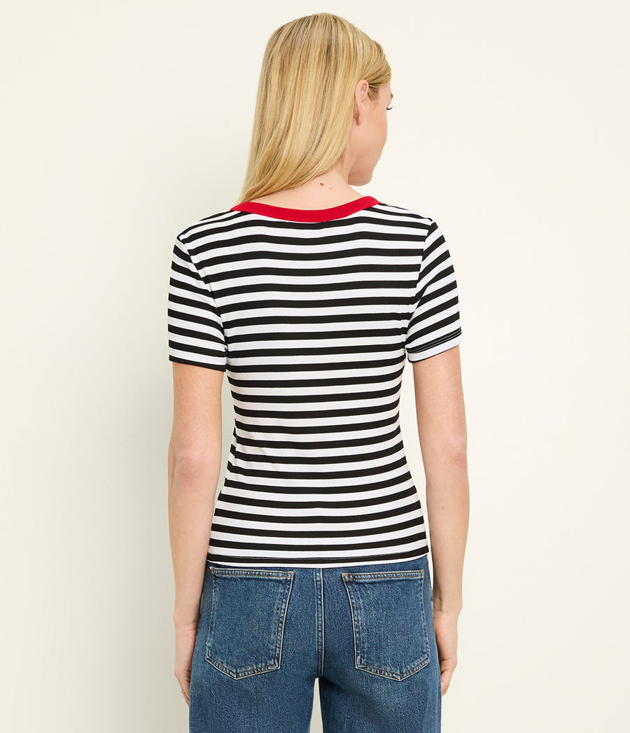 Jenny Striped Ribbed Ringer Tee in Black Striped White Back View #BLACK LACQUER STRIPE