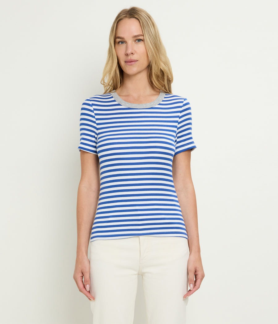 Jenny Striped Ribbed Ringer Tee in Blue Blue Ribbon Striped White Full Body View#BLUE RIBBON GREY STRIPE