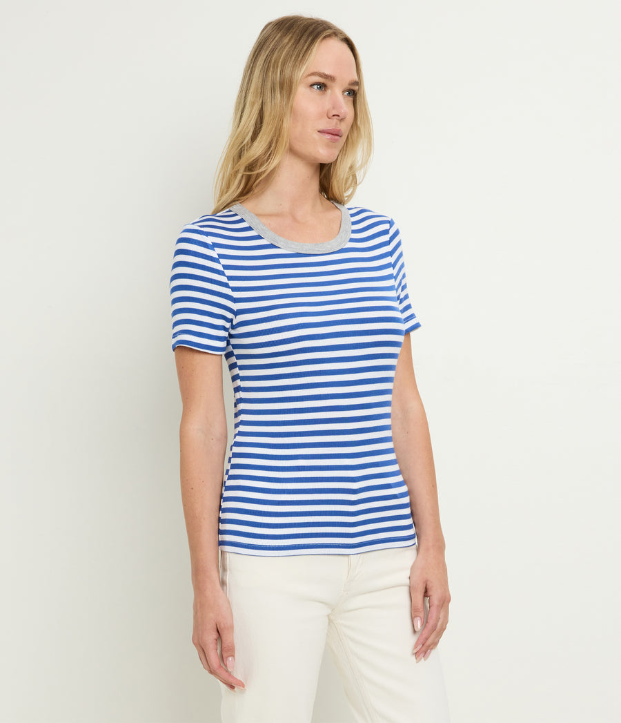 Jenny Striped Ribbed Ringer Tee in Blue Blue Ribbon Striped White Side View #BLUE RIBBON GREY STRIPE