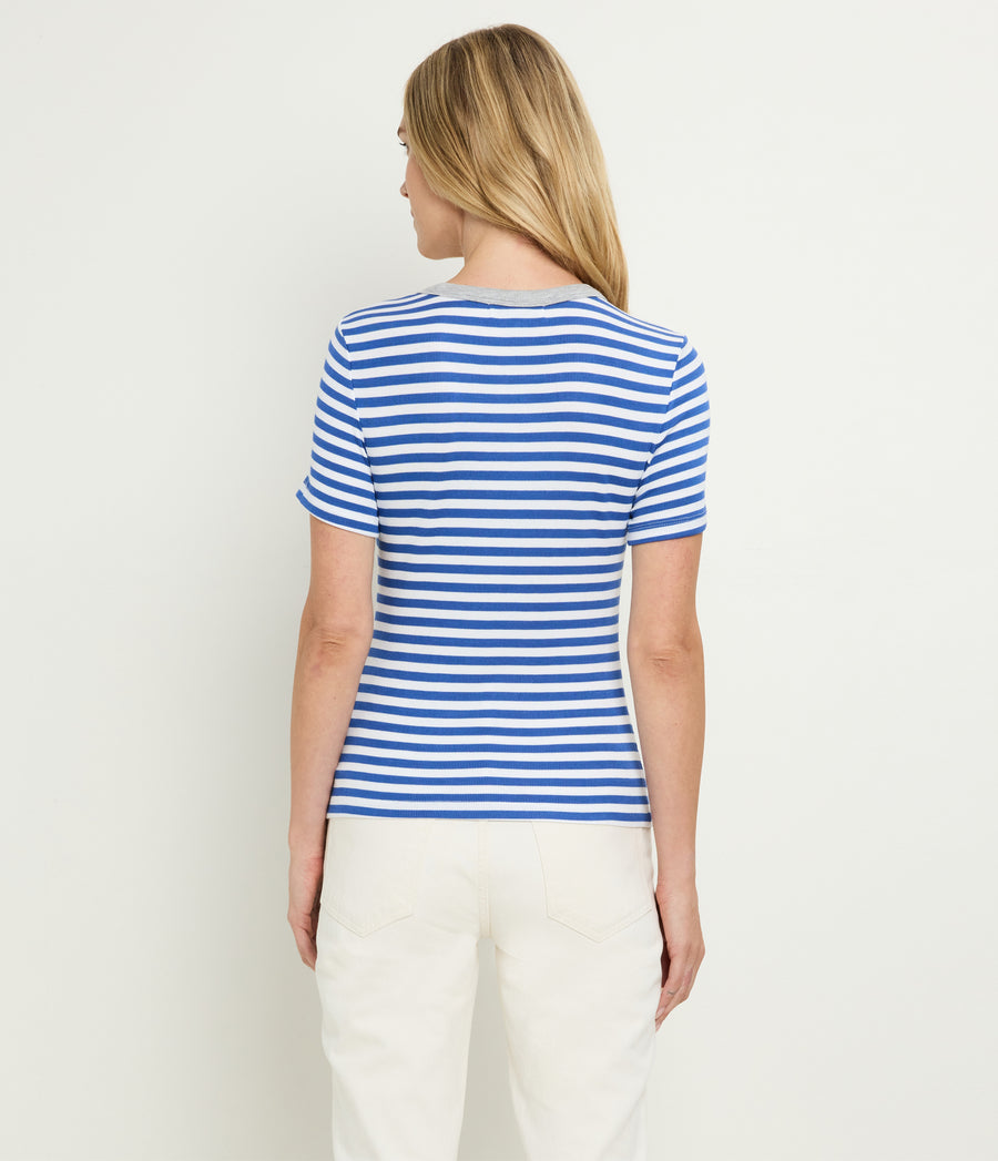 Jenny Striped Ribbed Ringer Tee in Blue Blue Ribbon Striped White Back View #BLUE RIBBON GREY STRIPE