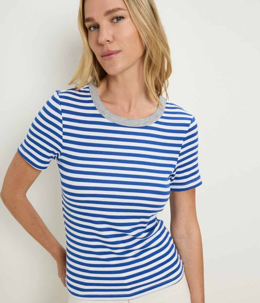 Jenny Striped Ribbed Ringer Tee in Blue Blue Ribbon Striped White Close up View #BLUE RIBBON GREY STRIPE
