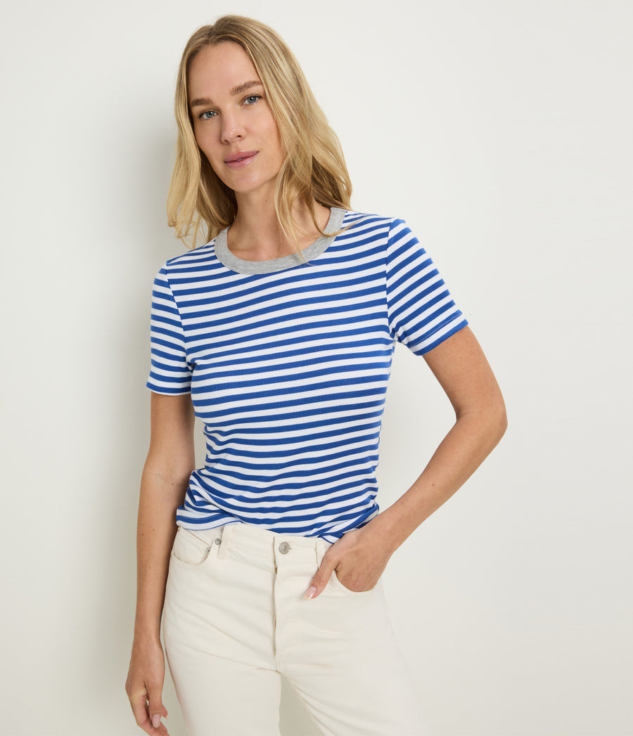 Jenny Striped Ribbed Ringer Tee in Blue Blue Ribbon Striped White Full Body View #BLUE RIBBON GREY STRIPE