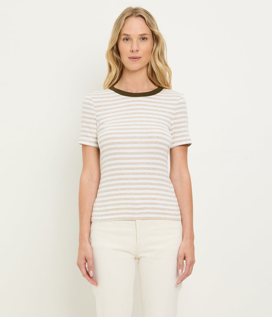 Jenny Striped Ribbed Ringer Tee in Oatmeal Beige Striped White Full Body View #OATMEAL CAPER STRIPE