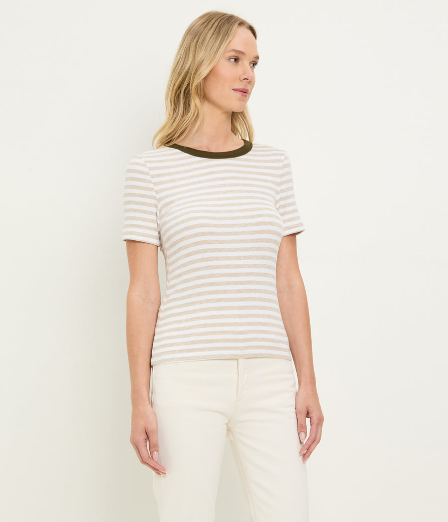 Jenny Striped Ribbed Ringer Tee in Oatmeal Beige Striped White Side View #OATMEAL CAPER STRIPE
